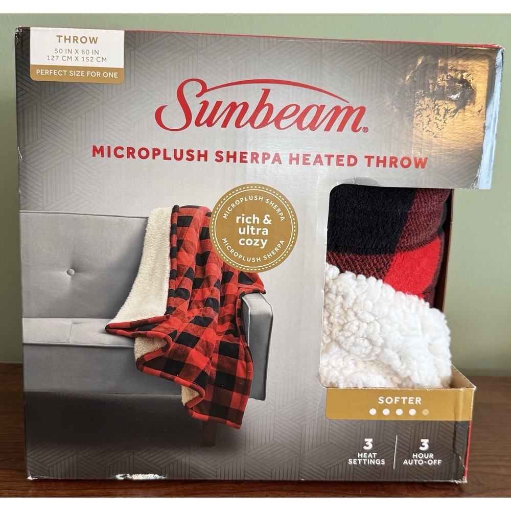 Sunbeam Electric Microplush SHERPA Heated Throw Blanket, Red Black Plaid 50 x 60